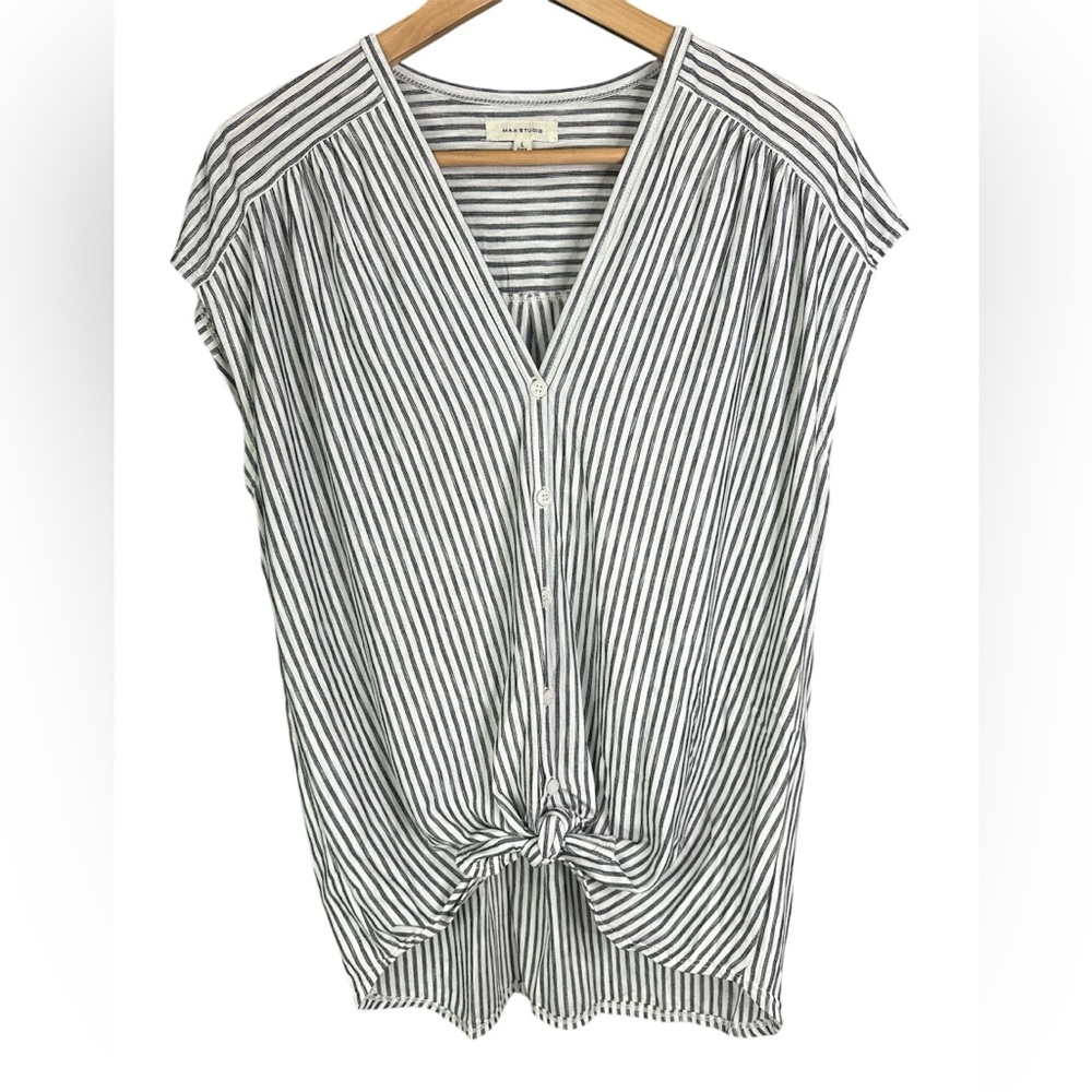 Max Studio Short Sleeve Shirt Ivory & Black Stripe Large